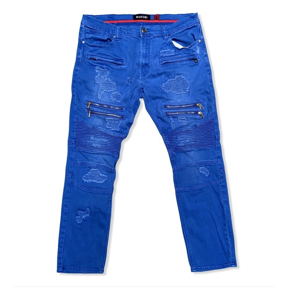 Makobi Other - Makobi Biker Moto Jeans Blue Distressed Zip Pocket Skinny Denim 36x32